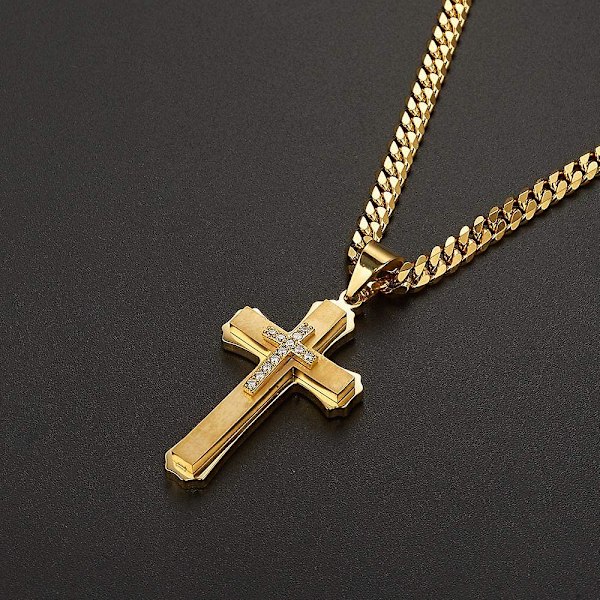 18k Guld Isbelagd Korshänge 316l Rostfritt Stål Kubansk Länkkedja Halsband För Män Kvinnor