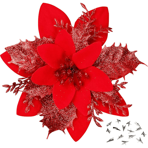 15 st Röda Julstjärnor Konstgjorda Blommor Glitter Konstgjorda Julblommor Dekorationer Med Klämmor För Julgranprydnader Bröllopsfest Krans Deko