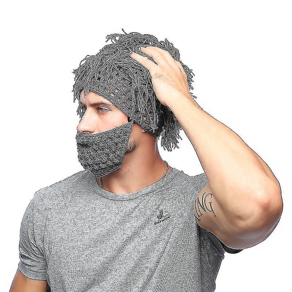 Stickad skäggperuk hatt skidmask Handgjord kreativ skäggperuk varm cap för vintern（grå）