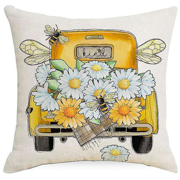 4 stk Puteromslag Kvadratisk Bie Puteromslag for Sofa Seng Hjemmedekorasjon 18 x 18 Tommer Sommer Bie Glad Bie Snill Dekorativ