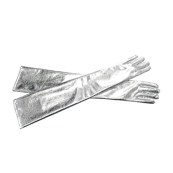 Långa handskar i läder för kvinnor, cosplay-kostymhandskar, pol danshandskar, 21 tum (silver)