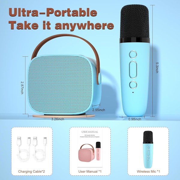 Minikaraoke för Barn, Bärbar Bluetooth-högtalare med Trådlös Mikrofon, Presenter till Pojkar och Flickor 4-10 År Gamla Födelsedag Julfest (Blå)