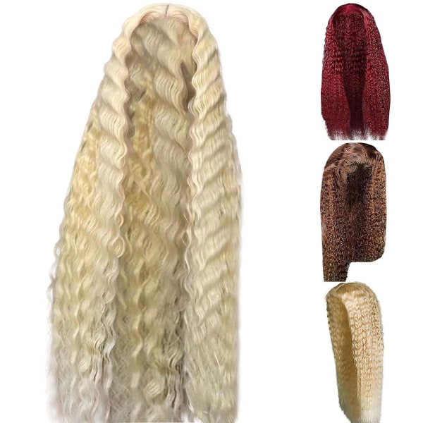 Langt krøllet syntetisk hår Parykker Sort Små Blonde Forreste Parykker til Kvinder Løs Deep Wave Parykker（26in，Guld）