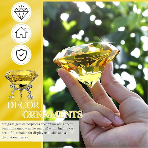 80 mm (3,1 tum) Diamantkristall Pappersvikt Stor Diamantformad med Stativ Smycken Kristall Hem Bröllop Dekoration Mittstycken (Guld)