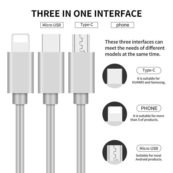Multi USB -laturikaapeli sisäänvedettävä 3 in 1 usean latausjohdon sovitin Mini Type C Micro USB -porttiliitännöillä, yhteensopiva matkapuhelimien kanssa