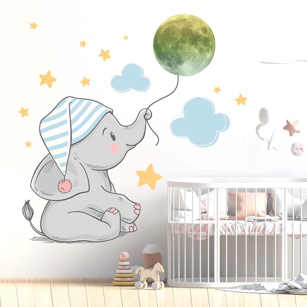 1 set härlig elefant med cap väggdekor, självlysande måne väggdekor, molnstjärna tecknad väggdekor, avtagbar DIY konstväggmålning för barn