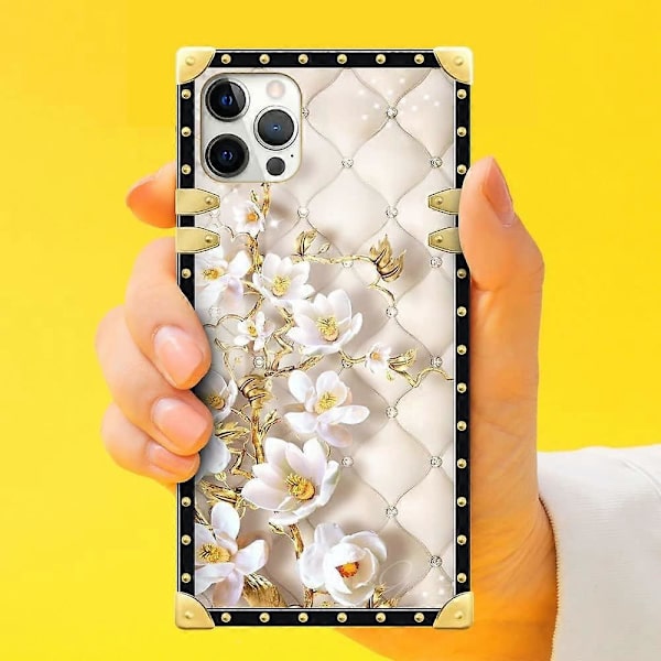 iPhone 14 Pro Skal, En Vit Blomma 14 Pro Skal för Flickor Kvinnor, Lyxig Kvadratisk Mjuk TPU Stötsäker Skyddande Hård PC Skal för iPhone 14 Pro 6,1 tum