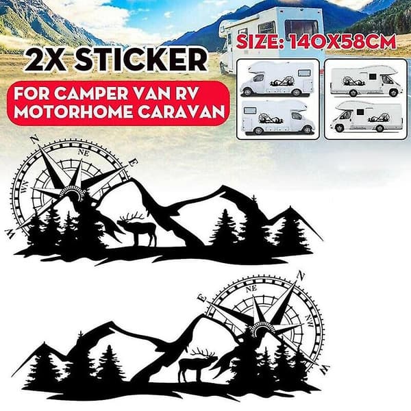 2X Body Sticker Decal Large Compass Navigation with Mountain Deer for Van Black