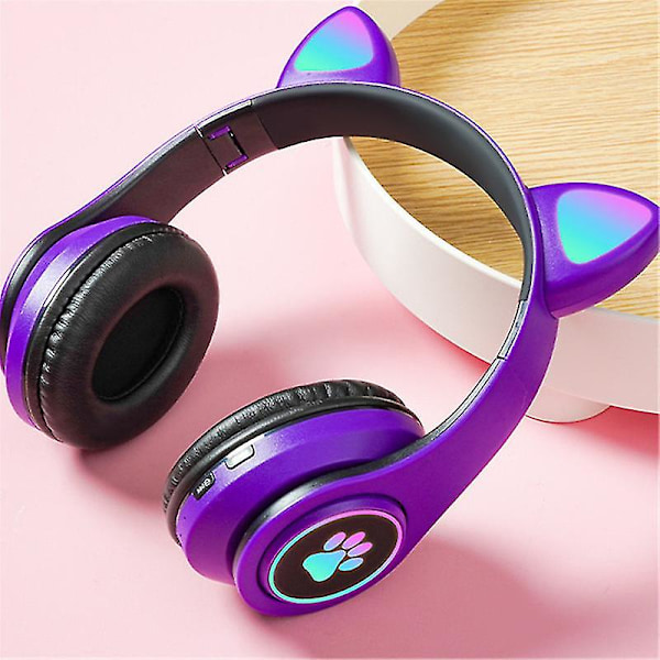 Trådlöst Bluetooth-headset, söta kattöron, oberoende LED-belysning för kattöron, färgglad design med kattklor, hörlurar med ljus för vuxna och barn, spel-Blu