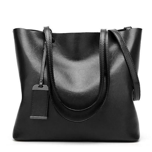 Handväska i vaxat läder, enkel dubbelrem, axelväska, shoppingväska för kvinnor, allround, sac bolsa feminina (svart)