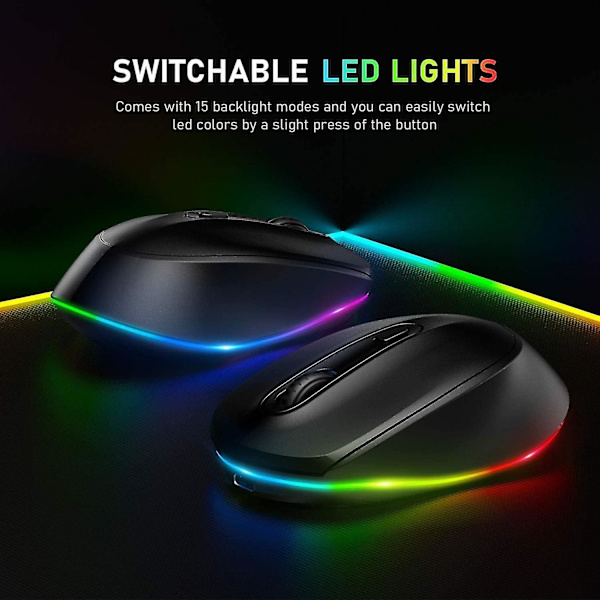 Trådlös LED-mus, Uppladdningsbar Dator USB Trådlös Mus för Laptop, Justerbar DPI, Tyst Klick LED Regnbågsljus för PC-spel, Ambidextrous