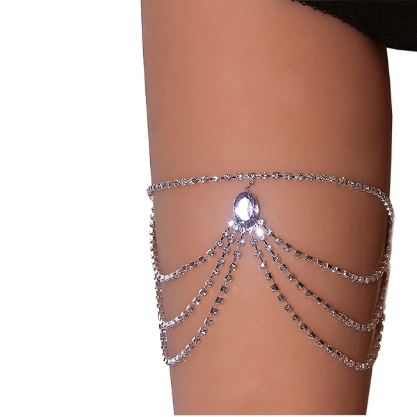 Rhinestone lårkæde Elastisk benkædelår med krystal flerlags benkæde armbånd ben smykker damenatklub (sølv)