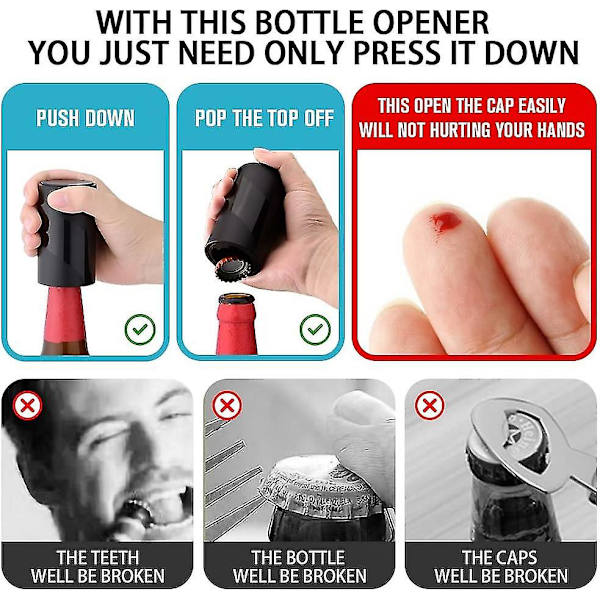 2-pack Push Down-pop Off Ölflasköppnare med Magnetisk Korksamlare, Inga Skador på Korkar, Automatisk Decapitator Öl/läsk Magnetflasköppnare, en-