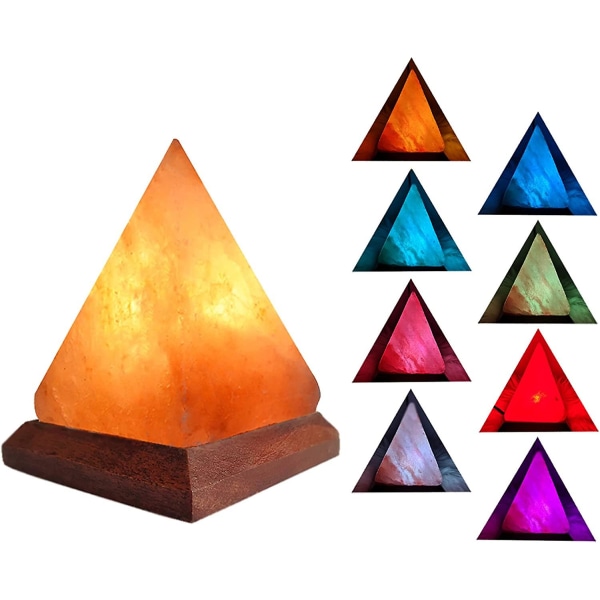USB Himalaya saltlampe med 7 farver skiftende, pyramidekrystal saltklippelampe til kontor, hjemmeindretning, yoga, feriegave - håndskåret, ægte træbase