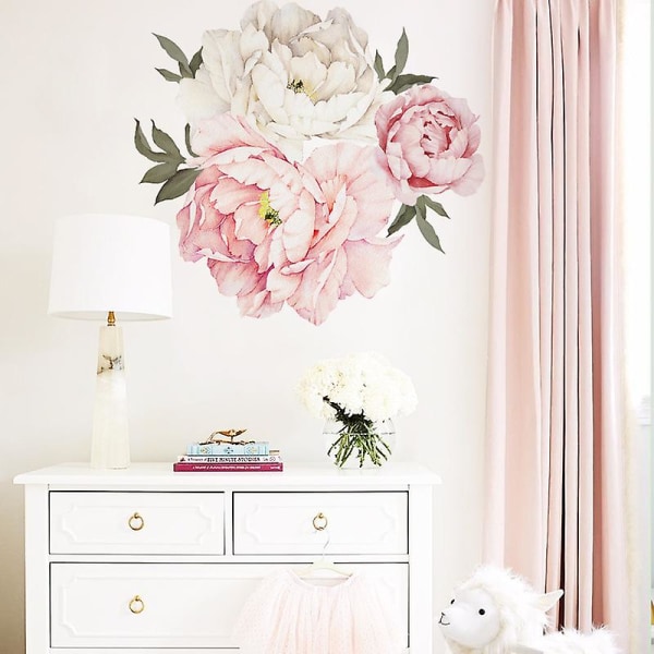 Pæontryk vægklistermærke Pæonblomster Soveværelses vægdekoration, hvid & pink blomster, 1 sæt
