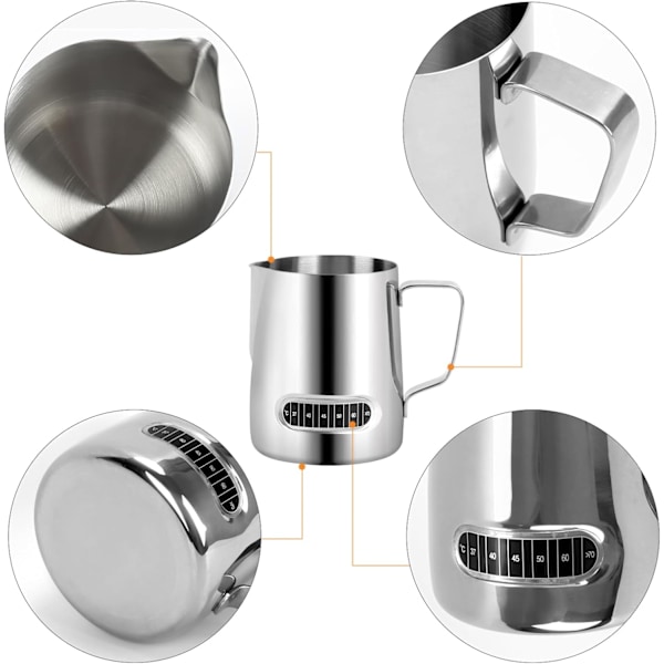 Kaffe-skumkanne med termometer Espresso-dampende skumkopp med intern måling Perfekt for kaffe latte-kunst (350 ml)