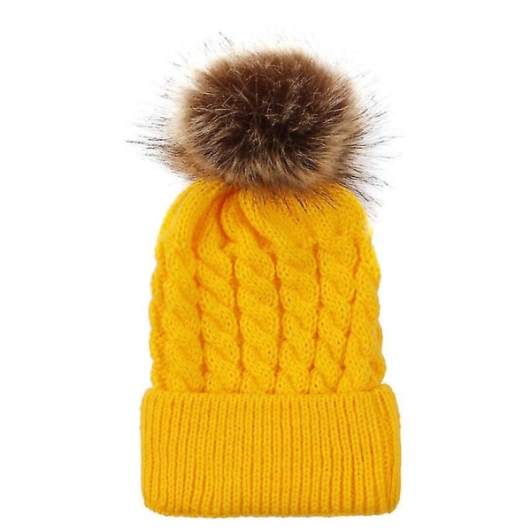 Barn Unisex Stickad Vinter Varm Pom-pom Beanie Hat Cap（Yellow Kid）