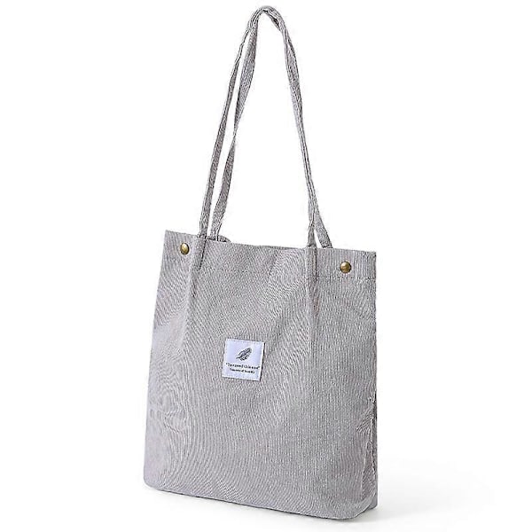 Grå Axelväska för Livsmedlet med Inre Ficka & Knappstängning Corduroy Tote Bag för Skolan Arbetsväska för Lunch Estetisk Reseväska Strand Till