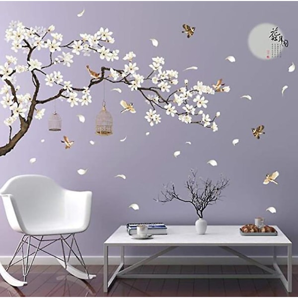 Gör-det-själv romantiska varma vita körsbärsblommor, träd och blommor Väggdekal 3D väggkonstklistermärken Väggmålningar Heminredning för barn Gilrs Sovrum Baby Liv