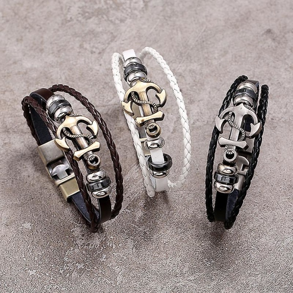 Wabjtam Håndlavet ægte læder wrap armbånd til mænd - Metal anker krog mænds læder armbånd, mænds smykker-3stk