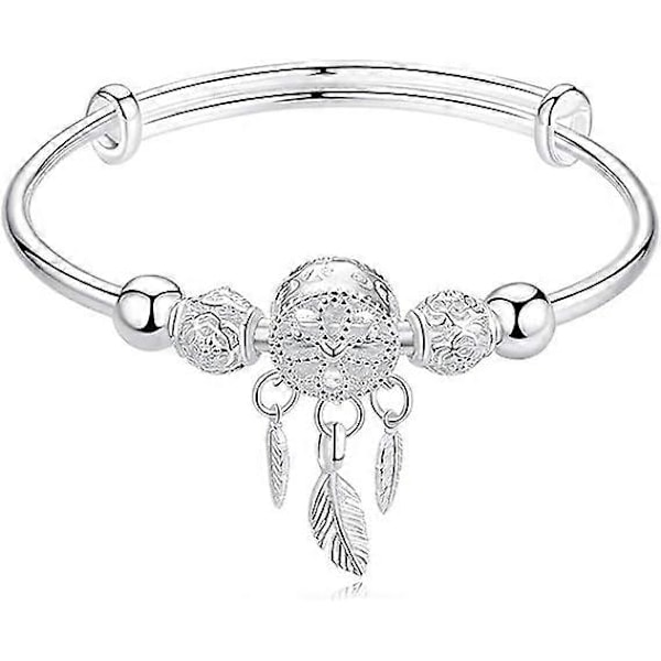 Damarmband Justerbart 925 Sterling Silver Drömfångare Tofs Fjäder Rund Pärla Charm Armband Bangel För Kvinnor Elegant Smycke Välgjort