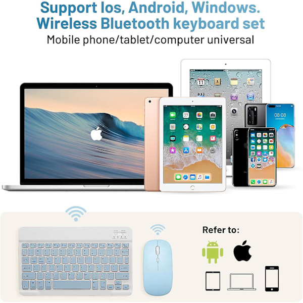 Bluetooth Tangentbord och Mus Combo Uppladdningsbart Portabelt Trådlöst Tangentbord Mus Set För iPad Tablet Windows (10 Tum Blå)