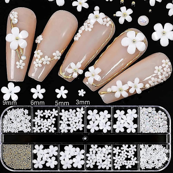 3D Blomster Nagelkonst Charm, 250 st Vit Blommor Nagel Strass Kit 3D Kristall Nagel Pärlor Platt Design Akryl Nagelkonst Dubbar Manikyr Nagel Tillbehör