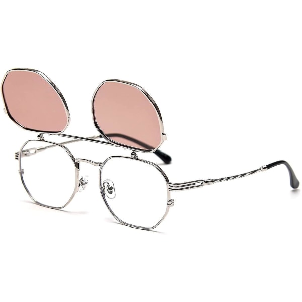 Flip Up Solbriller Mænd Kvinder Polariserede Steampunk Flip Solbriller med dobbelte linser（Sølv stel -Lys kaffe）