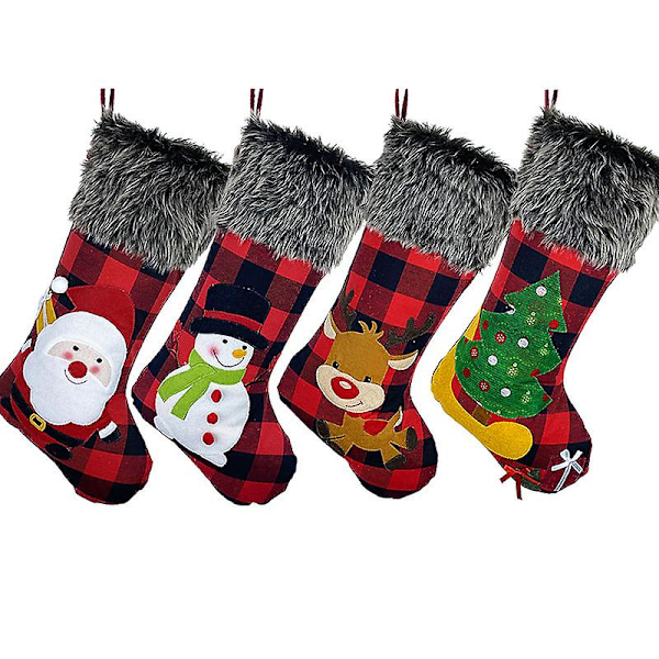 Julstrumpor, Stora 4-pack 18 tum, Julklappsstrumpor, Jutestil med Rutiga Mönster och Plyschfårfällskant