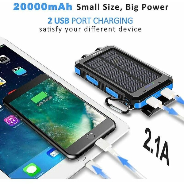 20000mAh bærbar soloplader, solenergibank vandtæt ekstern backup batterioplader med 2 USB/LED lommelygter kompatibel med iPhone, tablet