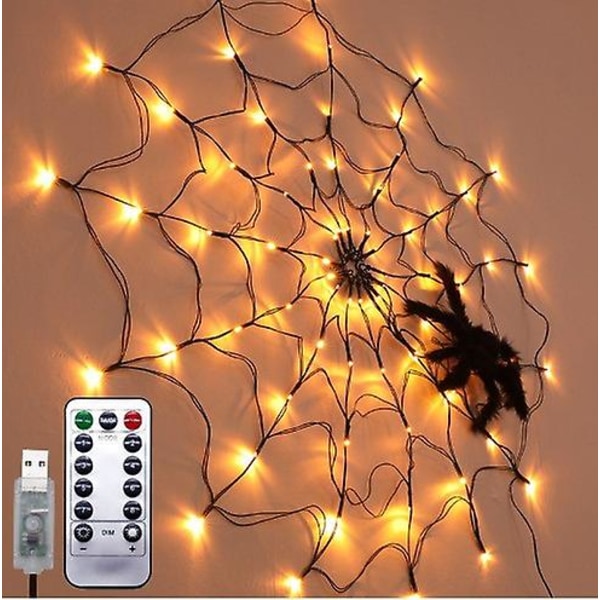 Ghyt Halloween-lys, orange Halloween-edderkoppespind-lys dekoration 3,3 fod i diameter + 60 lysdioder + 8 lystilstande, udendørs indendørs batteridrevet Hallo