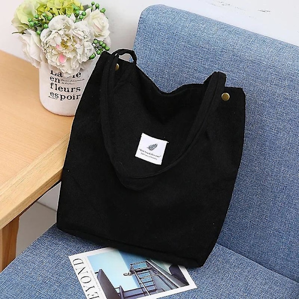 Handväska Corduroy Axelväska för Kvinnor Bomullstyg Mångsidig Handväska Solid Färg Eco Shoppingväska Dam Reusable Tote Väskor（svart）