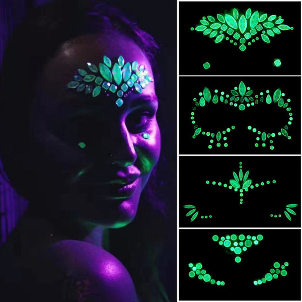 Noctilucent Face Gems Stickers Lysende Midlertidige Tatoveringer til Kvinder Selvklæbende Vandtæt Glitter Rhinestone Body Eyes Juveler Easter Rave eller Festiv