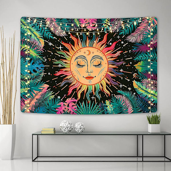 Väggdekor 150 X 130cm Psykedelisk Sol Gobeläng Växter Blad Måne Och Stjärnor Gobeläng Mystisk Fraktal Ansikten Gobeläng Färgglad Mandala Gobeläng
