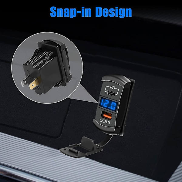 12v Usb-pistorasia, keinukytkin Usb-laturi Usb C -autonlaturi ja nopea 3.0 sovitin Pd-latauspaneeli moottoripyörän Usb-laturi vedenpitävä sininen Led-digitaalinen V