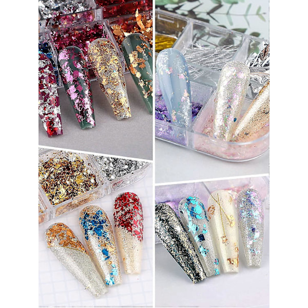 18 Rutor Nagelfoljeflingor, Holografiska Nagelfoljeflingor Konfetti Glitter Guld Silver, Iriserande Kromflingor för Nagelkonst Dekoration Resin Hantverk