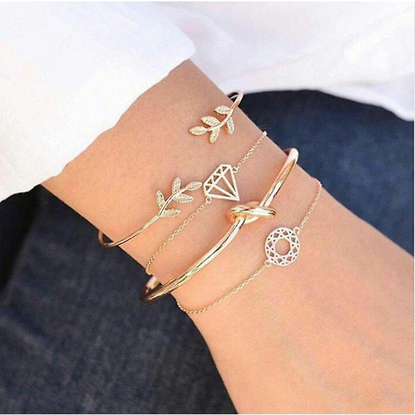 4 stk./sæt Boho-bladknude hult åben bangle armbånd kæde armbånd sæt stabelbar link armbåndssæt
