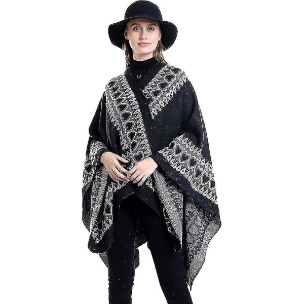 Damemode varmt imiteret kashmir sjal Poncho Oversized vintertørklæde Strikket sort regn-poncho-kappe til kvinder