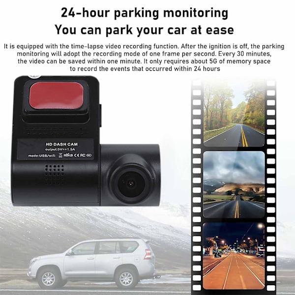 Dash Cam, 1080P HD, Inbyggd WiFi Smart Dash Camera för bilar, 140 vidvinkel FOV, WDR, nattseende, stöd för mobil onlinevisning
