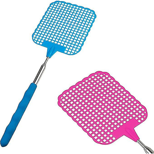 Set med 2 hopfällbara teleskopiska flugsmällare 26 cm - 72 cm längd blå och rosa
