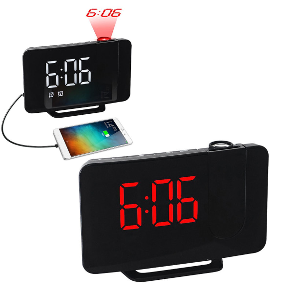 6-tums projektionsväckarklocka med snooze, digital LED-display, dubbel väckarklocka, FM-radio, fot