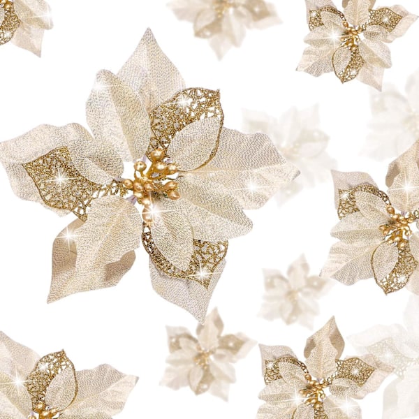 24 stycken julglitter-julstjärnor Konstgjorda julblommor Bröllop Julgran Nyårsdekorationer (guld)