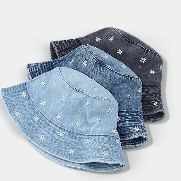 Populär liten prästkrage broderad bomull sommar jeans hink hatt keps för herr vår fiskare hatt utomhus resor solskydd gåva（medium bule）