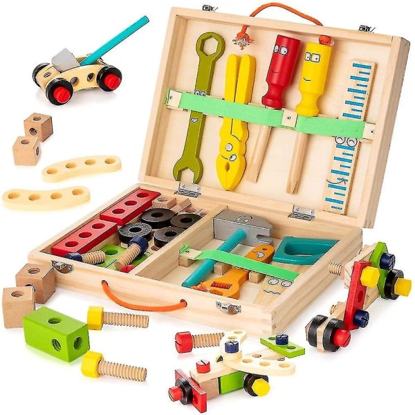 Verktøysett for barn, treverktøykasse med fargerikt byggelekesett Håndholdt reparasjonssett Demonter leketøysgave