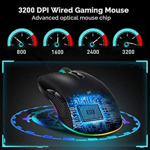 Langallinen optinen hiiri RGB värikäs valoisa peli mobiilipeli tabletti matkapuhelin toimisto kotiin (musta)