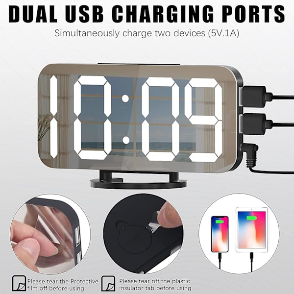 Digital väckarklocka, stor speglad LED-display, med USB-laddare, snooze-funktion dimläge väggmonterad bredvid skrivbordsklocka för sovrum (svart)