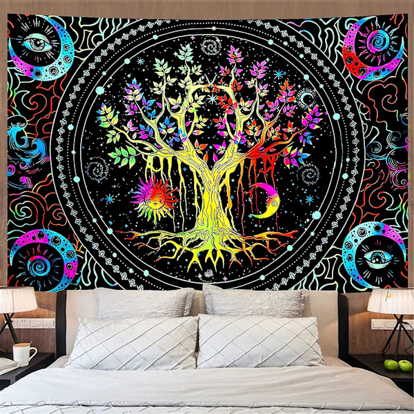 Blacklight Livets Träd Tapestry Väggbonad Trippy Tapestry UV-Reaktiv Väggbonad Galaxy Tapestry Blacklight Tapestry För Sovrum (130x150cm)