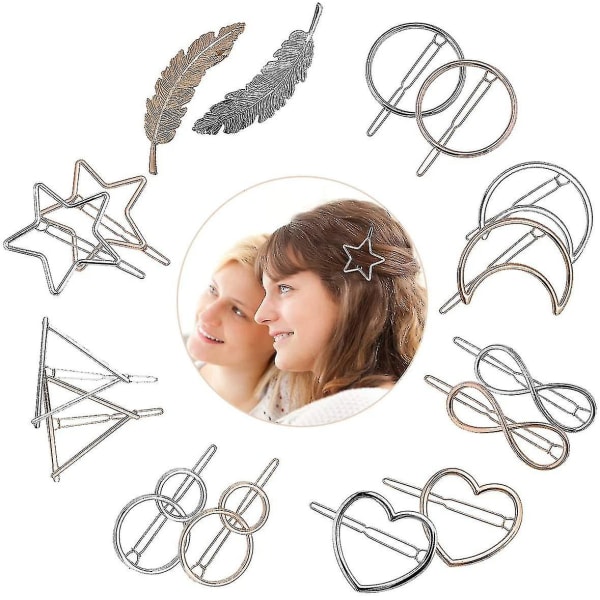 Metal hårspænder, 16 stykker Fashion Feather Moon Star Heart Hårspænder, Geometrisk Minimali