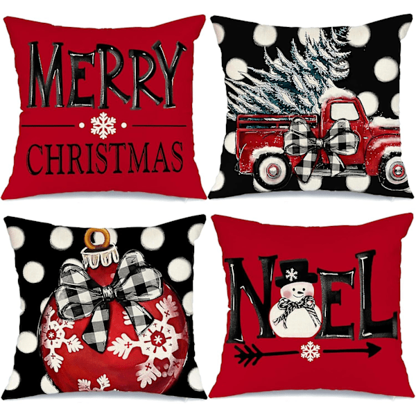 Jul Kuddfodral 45x45cm 4-pack, prickiga rosett träd lastbil snögubbe juldekoration glad jul vinter kudde kuddfodral soffa