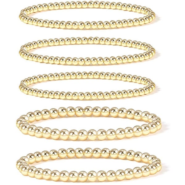 WABJTAMGold perlearmbånd til kvinder, 14K guldbelagt perlekuglearmbånd Strækbart elastisk armbånd, 1 sæt af 5 armbånd